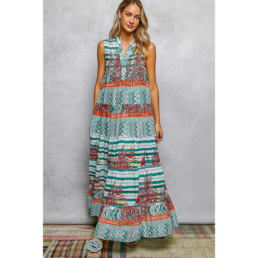 POL Sleeveless Cotton Maxi Dress V-Neck Tiered Sailboat Print‎ Green MEDIUM